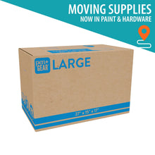 Large kraft moving box with blue "Large" label, 27 x 15 x 17 in