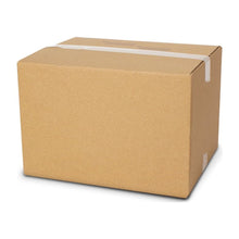 Single brown corrugated shipping box with white packing tape on lid