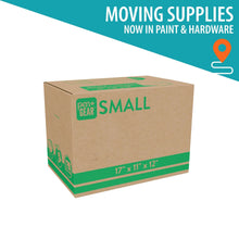 Kraft small moving box with green banding and label on top face