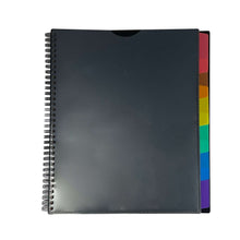 Black spiral organizer with multicolor divider tabs and ring binding
