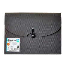 Textured gray expanding file folder with snap button and 13 letter-size pockets.