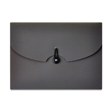 Textured gray expanding file folder front view with curved flap and snap button.