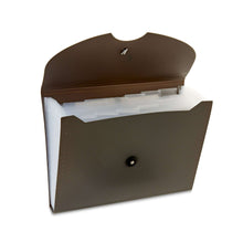 Opened textured gray expanding file folder with stacked rows of letter-size pockets.