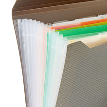 Open textured gray expanding file folder showing multiple letter-size document pockets.