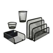 Black metal mesh desk organizer set with trays and round pen cup