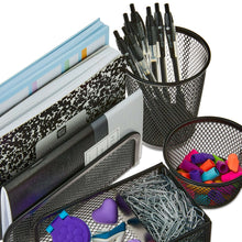 Black metal desk organizer set with mesh pen cup and pen holder trays
