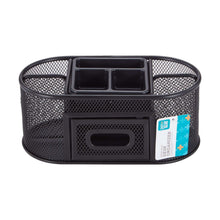 Black metal mesh desktop organizer with top tray and front drawer