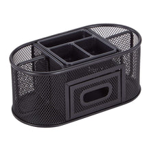 Black metal mesh desktop organizer with divided top tray and front drawer