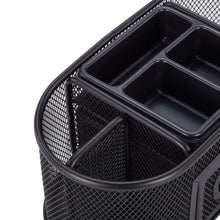 Black metal mesh desk organizer with divided insert and empty base tray