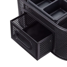 Black metal mesh desk organizer with open front drawer storage compartment