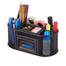 Black metal mesh desk organizer with pens and supplies in front drawer