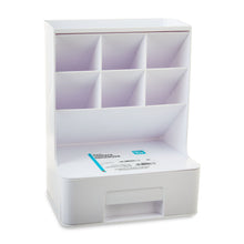 White plastic desktop organizer with front drawer, open top grid compartments and purple dividers