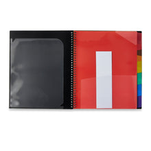 Spiral organizer with black cover and colorful interior pocket panel