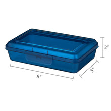 Translucent blue plastic pencil box, 8in x 5in x 2in, snap-on lid