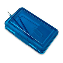 Translucent blue plastic pencil box with snap-on lid, open interior tray