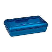 Translucent sapphire blue plastic pencil box with snap-on lid, top view