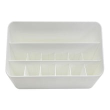 White plastic desktop organizer with front rail and evenly spaced pen holders