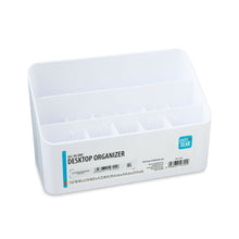 White all-in-one desktop storage organizer with front pen slots and label on side