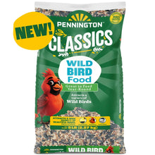 Green Pennington Classics wild bird food bag with 'NEW!' badge and red bird graphic