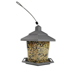 Gray plastic hopper wild bird feeder with black hanging cord and seed-filled hopper