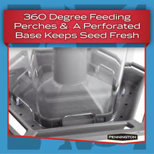 Perforated base and 360-degree feeding tray diagram for gray hopper bird feeder