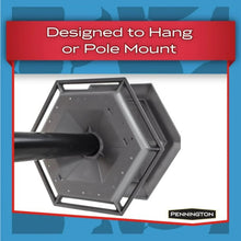 Mounting diagram showing hanging or pole setup for gray plastic hopper bird feeder