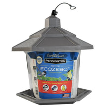 Gray plastic hopper wild bird feeder with metal-look top and hanging loop