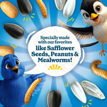 Wild bird seed mix bag graphic with blue birds and ingredient highlights