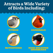 Wild bird seed mix label with bird types: titmice, cardinals, nuthatches, grosbeaks