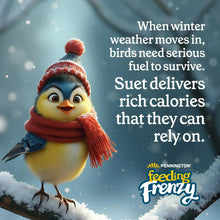 Winter feeding suet cake packaging with illustrated bird and snow scene