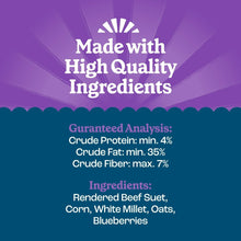 Suet cake packaging panel listing ingredients and guaranteed analysis for protein, fat, fiber