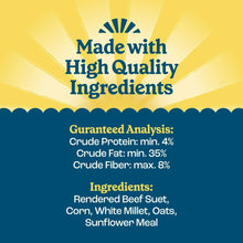 Suet product label panel with guaranteed analysis and ingredient list
