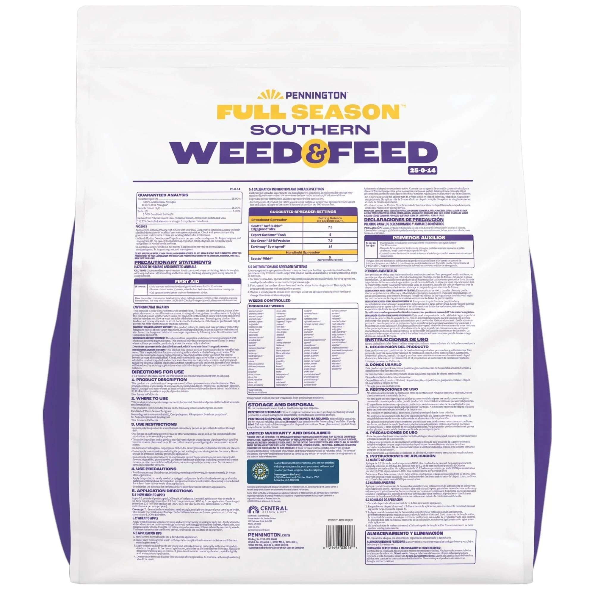 Pennington Full Season Southern Weed and Feed with Crabgrass Control, 25-0-14 Fertilizer, 25.6 lb., 8M Coverage