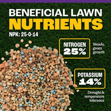 Weed and feed fertilizer granules with NPK 25-0-14 labels, Pennington