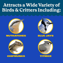 Packaging graphic listing birds and critters attracted, including nuthatches and blue jays