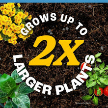 Dark potting soil graphic with text 'GROWS UP TO 2X LARGER PLANTS'