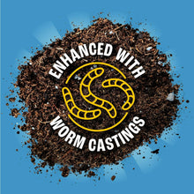 Potting soil pile with badge 'ENHANCED WITH WORM CASTINGS'
