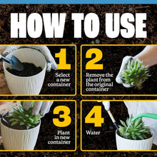 Potting soil use instructions with containers, plant placement, and watering