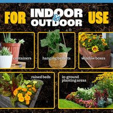 Potting soil graphic showing indoor and outdoor use labels with plants