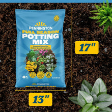 Full season potting mix bag on soil with 17 in and 13 in size markers