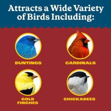 Attracts a wide variety of birds chart with bunting, cardinals, goldfinches, and chickadees.