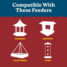 Compatible feeders chart showing gazebo, hopper, platform, and tube feeder icons.