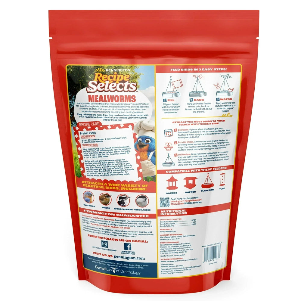 Pennington Recipe Selects Dried Mealworms for Birds, Bluebird and Wild Bird Food for Outside Feeder, 17.6 oz Bag, 1 Pack - USA MEGA SHOP