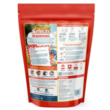 Red mealworms bird food pouch back panel with feeding and nutrition text
