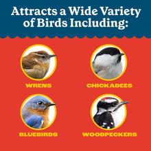 Bird variety icon panel with round photos for wrens, chickadees, bluebirds, and woodpeckers