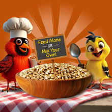 Sunflower chips wild bird feed bowl with illustrated birds and feeding sign
