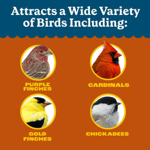 Wild bird food label listing purple finches, cardinals, gold finches, chickadees