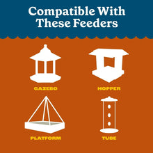 Wild bird food label showing compatible gazebo, hopper, platform and tube feeders
