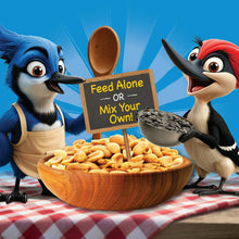 Bird peanut feed in a wooden bowl with peanut kernels, flanked by two cartoon birds