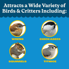 Graphic showing birds and critters attracted to peanut bird feed, with pictured animals